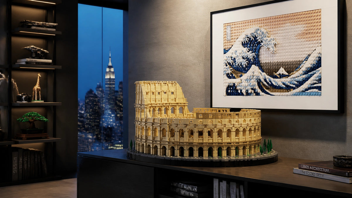 Sophisticated adult LEGO collection displayed in a modern apartment