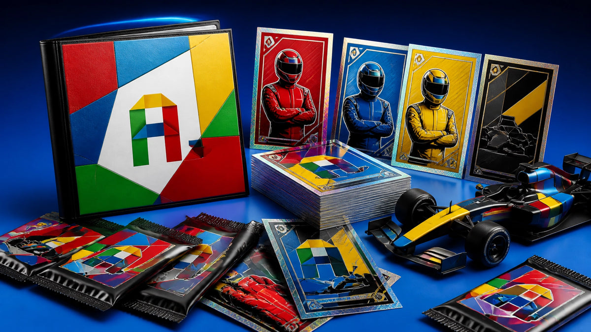 Colourful F1-themed trading cards, booster packs and collector binder arranged on a premium studio display